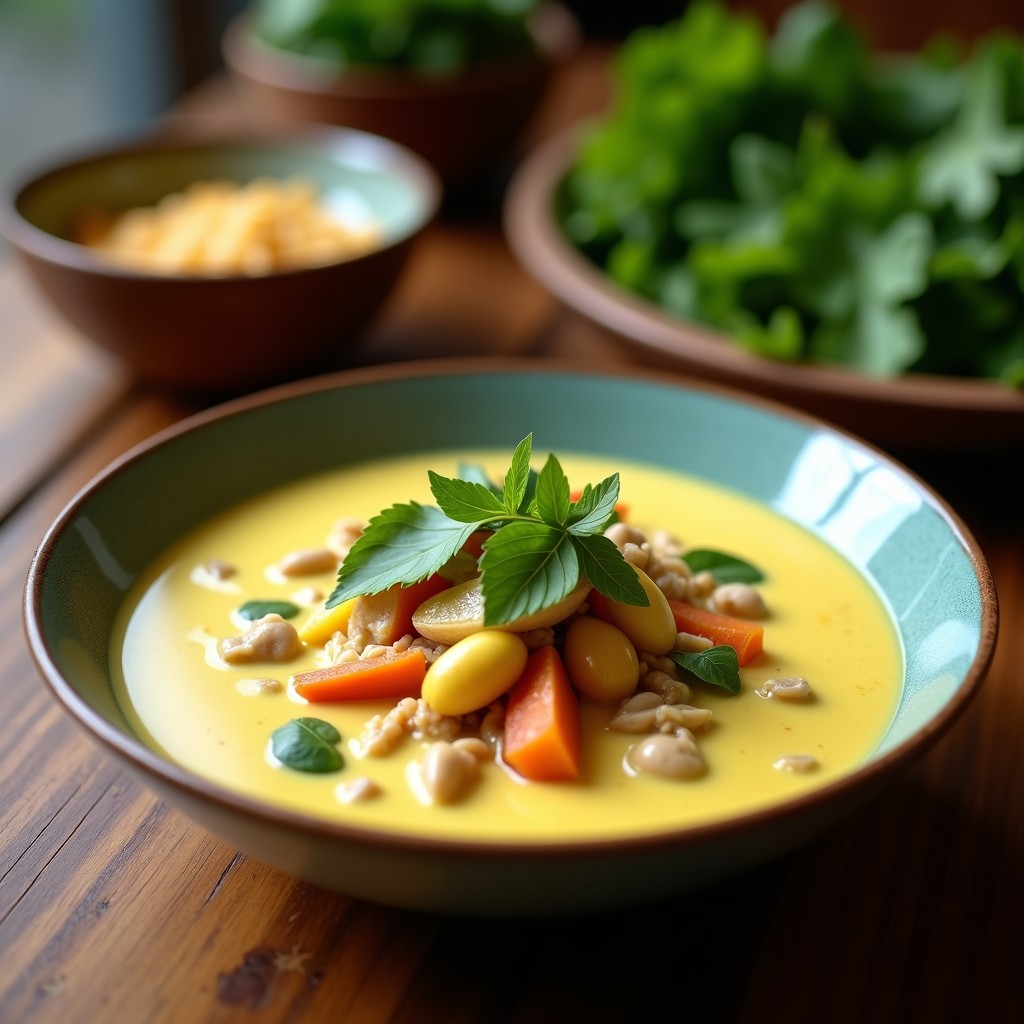 Cuenco de cerámica blanca con sopa tailandesa de coco y curry verde, decorada con brotes de soja, cilantro fresco y semillas de sésamo, acompañada de rodaja de limón.