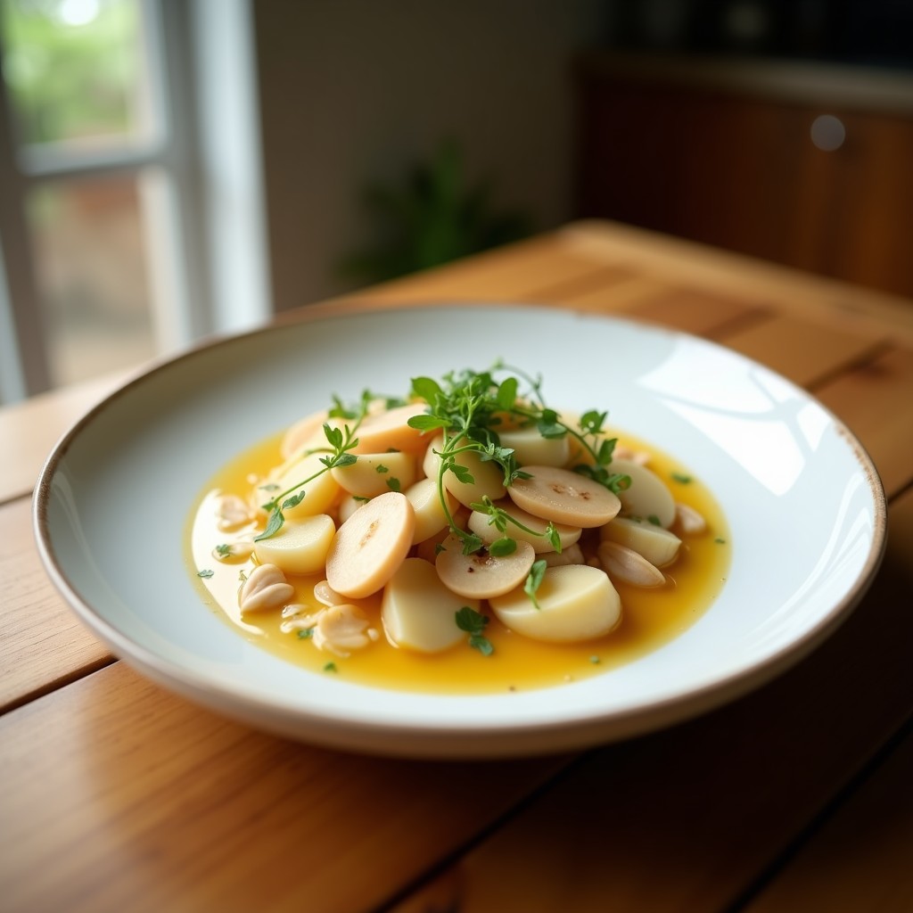 Cuenco hondo de cerámica blanca con sopa tailandesa de coco y jengibre, espesa y cremosa, con trozos de pollo, champiñones shiitake y rodajas de chile rojo. Decorada con hojas de cilantro fresco y servida en un mantel de bambú.