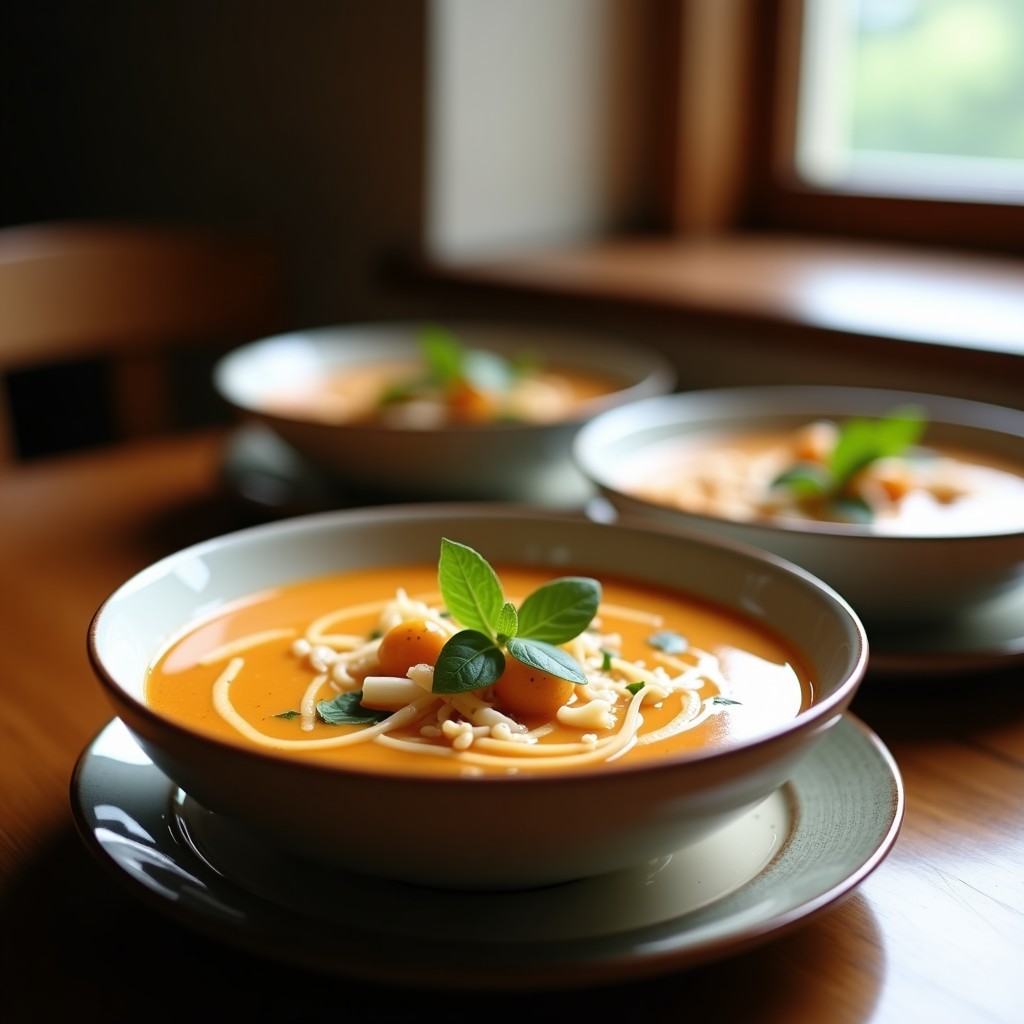 Cuenco hondo de cerámica blanca con sopa tailandesa de coco y jengibre, rodajas de champiñones shiitake, pimiento rojo y cilantro fresco, servida en ollas superpuestas con vapor ascendente.