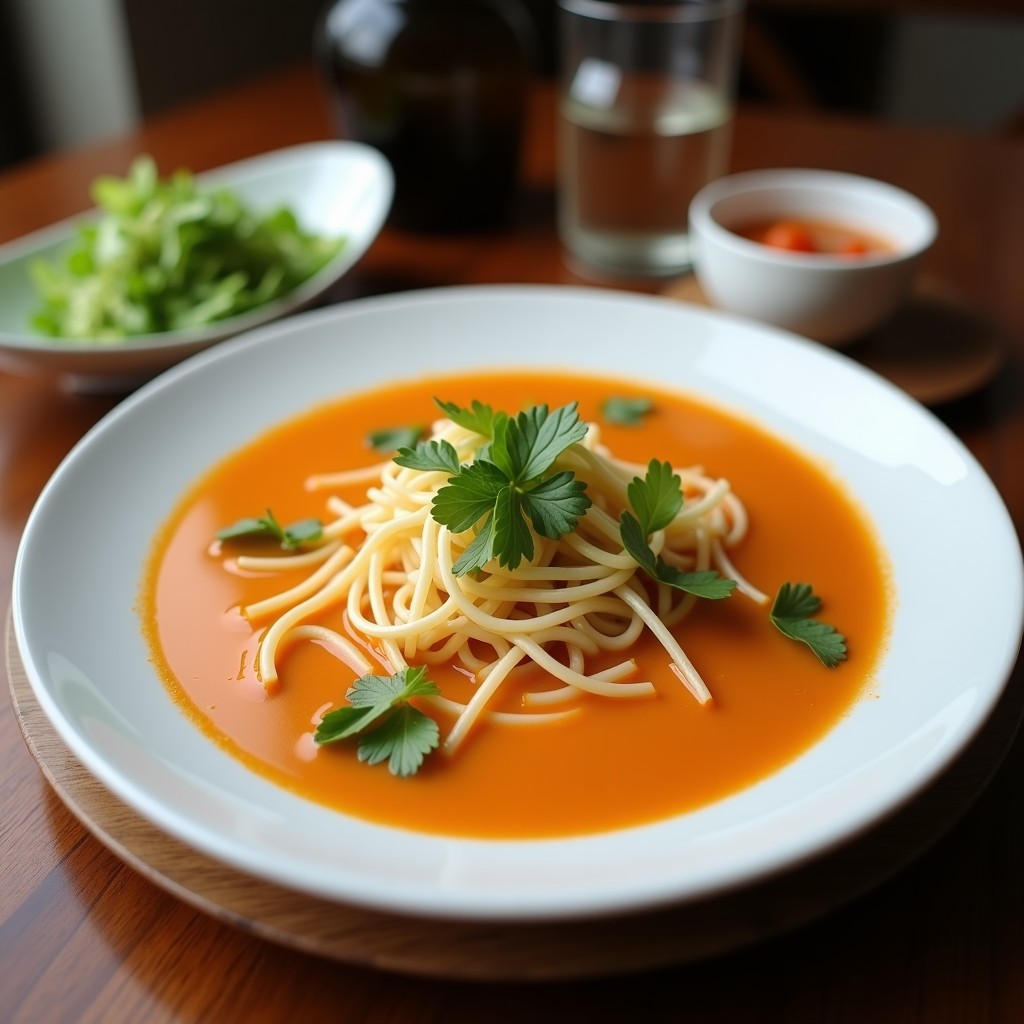 Cuenco blanco humeante con sopa tailandesa de coco y hierba limón, trozos de pollo, champiñones y cilantro fresco, sobre fondo de madera oscura.