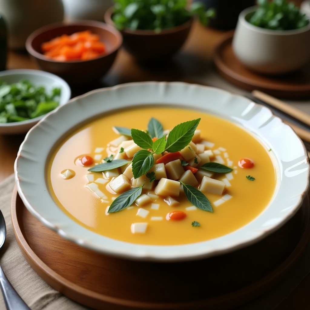 Plato hondo de cerámica negra con sopa tailandesa de coco y limón al lemon grill, con trozos de pollo, champiñones shiitake, cebolla morada y cilantro fresco, decorada con rodajas de limón y hierba limón.