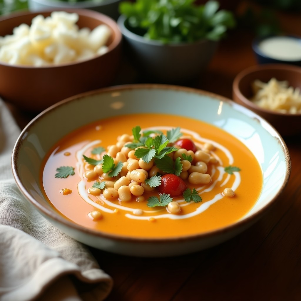 Cuenco hondo de cerámica blanca con sopa tailandesa de coco y limón, decorada con cilantro fresco, rodajas de lima y un hilo de aceite de sésamo. Fondos de ingredientes como hierba limón y champiñones shiitake alrededor.