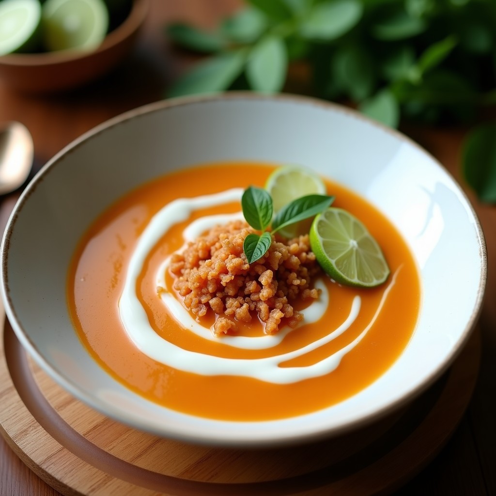 Cuenco hondo de cerámica negra con sopa tailandesa de coco y limón gratinada, coronada con pan rallado dorado, cilantro fresco y rodajas de chile rojo. Fondo borroso con ingredientes como hojas de limón kaffir y leche de coco.