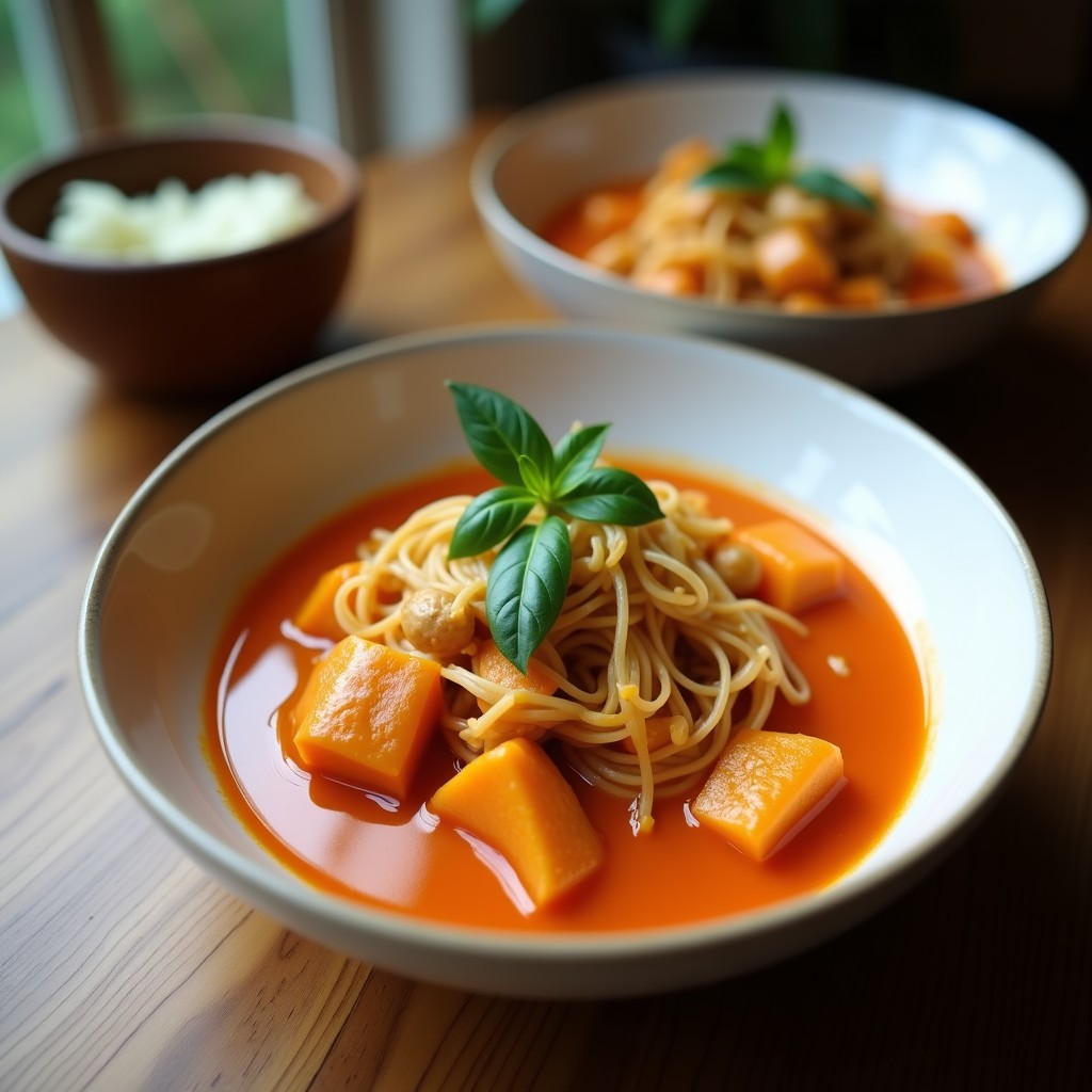 Cuenco blanco con sopa thai de coco y limón, espesa y cremosa, con trozos de tofu, champiñones shiitake y hierbas frescas. Decorada con rodajas de chile rojo y cilantro, servida sobre una mesa de madera rústica con una cuchara de madera.