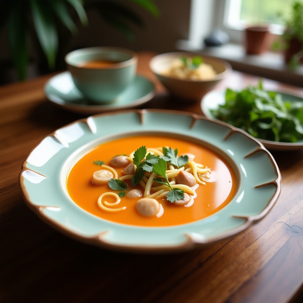 Cuenco blanco hondo con sopa Thai de coco y limoncillo, rodajas de pollo, champiñones shiitake, cebolla morada y cilantro fresco, sobre fondo de madera oscura.