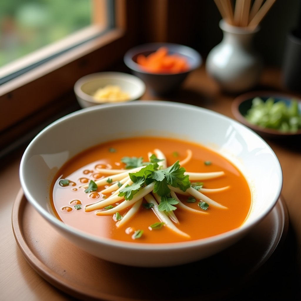 Tazón hondo de cerámica blanca con sopa tailandesa de coco y limoncillo, decorada con cilantro fresco, rodajas de chile rojo y cebollino. Fondos de ingredientes como limoncillo, galanga y champiñones shiitake al lado.