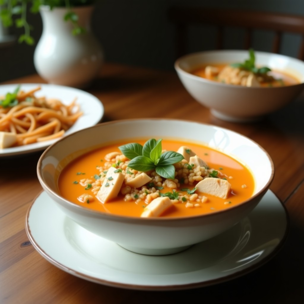 Bol de cerámica blanca con sopa thai de coco y pollo humeante, trozos de pollo, champiñones shiitake y cilantro fresco, servida en mesa rústica con rodajas de lima al lado.