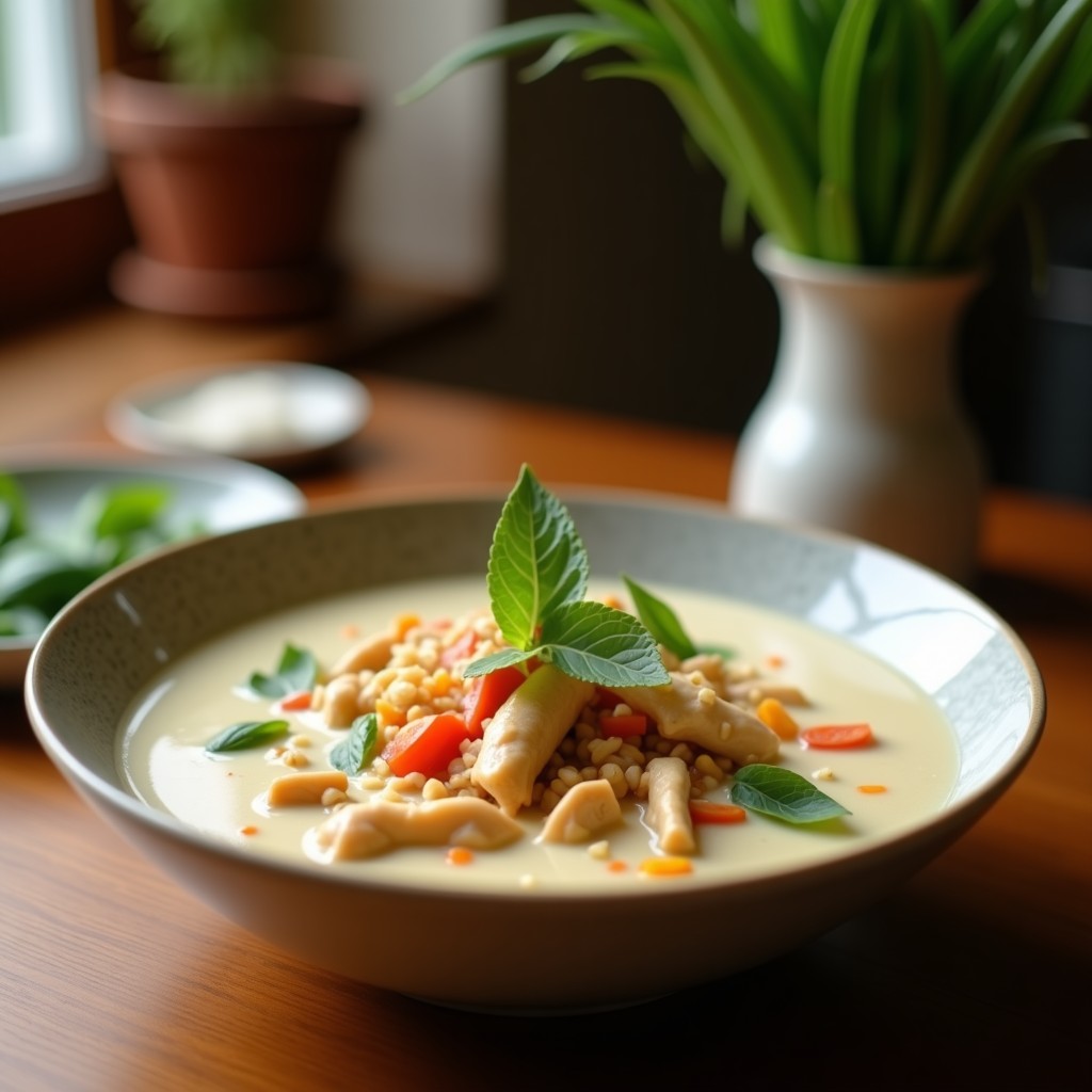 Cuenco blanco con sopa tailandesa de coco y pollo, cremosa y aromática, con rodajas de champiñones, cilantro fresco y trozos de pollo. Fondos de hierba limoncillo y lima kaffir.