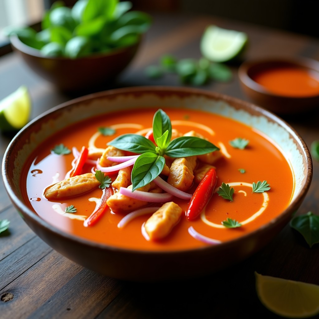 Plato profundo con sopa tailandesa de curry rojo y pollo en airfryer, cremosa y vibrante, con rodajas de pimiento rojo, cebolla morada y hojas de albahaca fresca.