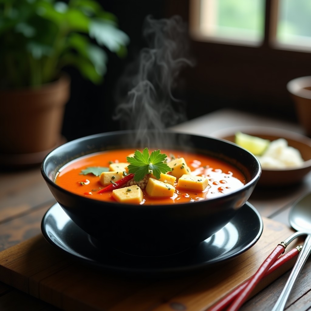 Cuenco profundo de cerámica negra con sopa Thai Dom Fu vegana, fideos de arroz, tofu dorado, leche de coco y decoración de cilantro y chile rojo, servida sobre mesa de madera rústica.