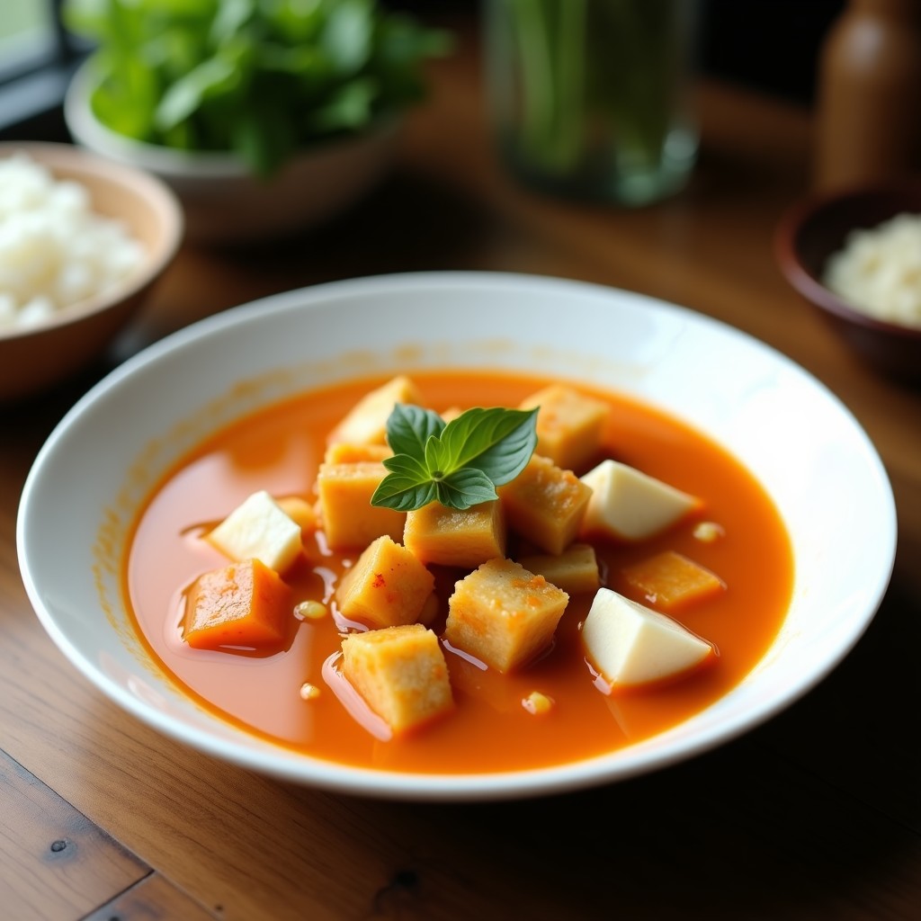 Bol de cerámica negra con sopa tailandesa de jackfruit y coco, espesa y cremosa, decorada con cilantro fresco y rodajas de chile rojo. Al fondo, tallos de limoncillo y hojas de kaffir. Plato con textura umami y colores vibrantes.