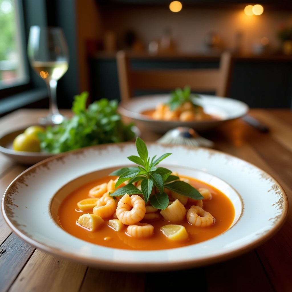 Bowl hondo de cerámica blanca con sopa Thai humeante, camarones rosados, rodajas de lemongrass, champiñones shiitake y cilantro fresco, servida sobre una mesa de madera rústica con una cucharón de madera.