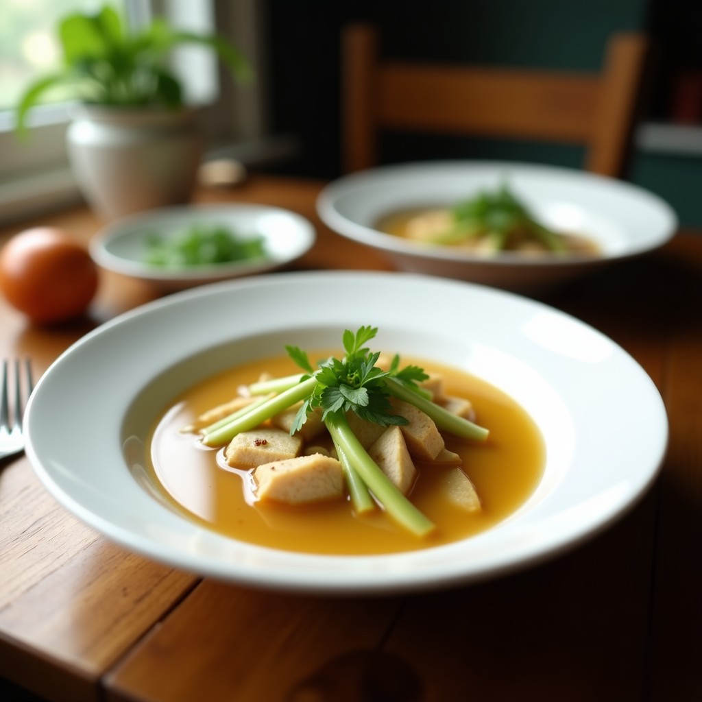 Cuenco hondo de cerámica blanca con sopa tailandesa de lemongrass y coco, espesa y cremosa, con trozos de pollo, champiñones shiitake y cilantro fresco. Rodajas de chile rojo y hojas de lima kaffir como decoración.