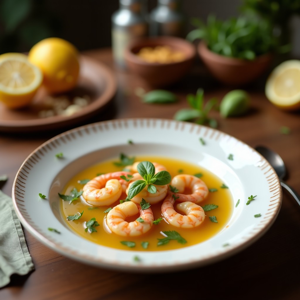 Cuenco de cerámica blanca con sopa tailandesa de lemongrass y gambas, caldo amarillento cremoso, gambas rosadas, champiñones shiitake, cilantro fresco y rodajas de limón. Plato sobre mesa de madera rústica con fondo desenfocado.