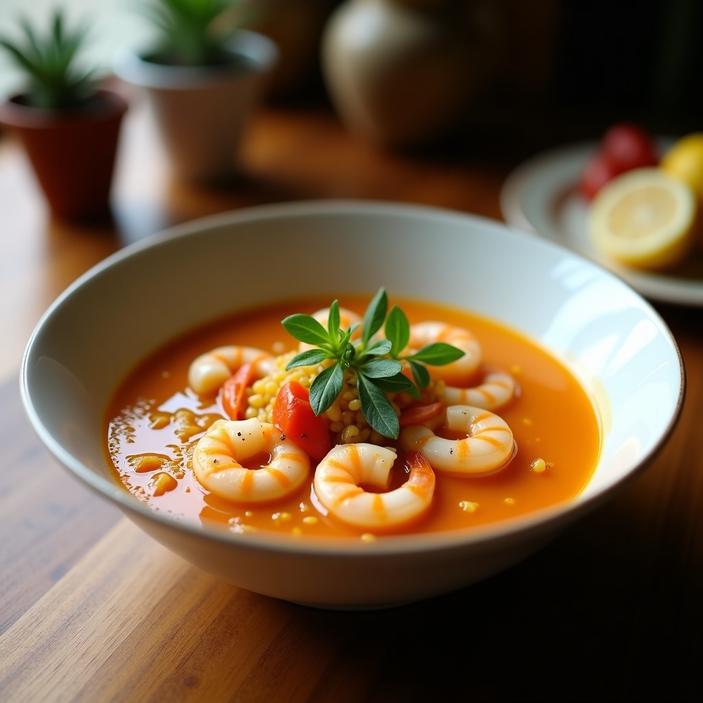 Cuenco blanco con sopa tailandesa humeante de lemongrass y gambas, decorada con cilantro fresco y rodajas de limón, sobre fondo de madera oscura.