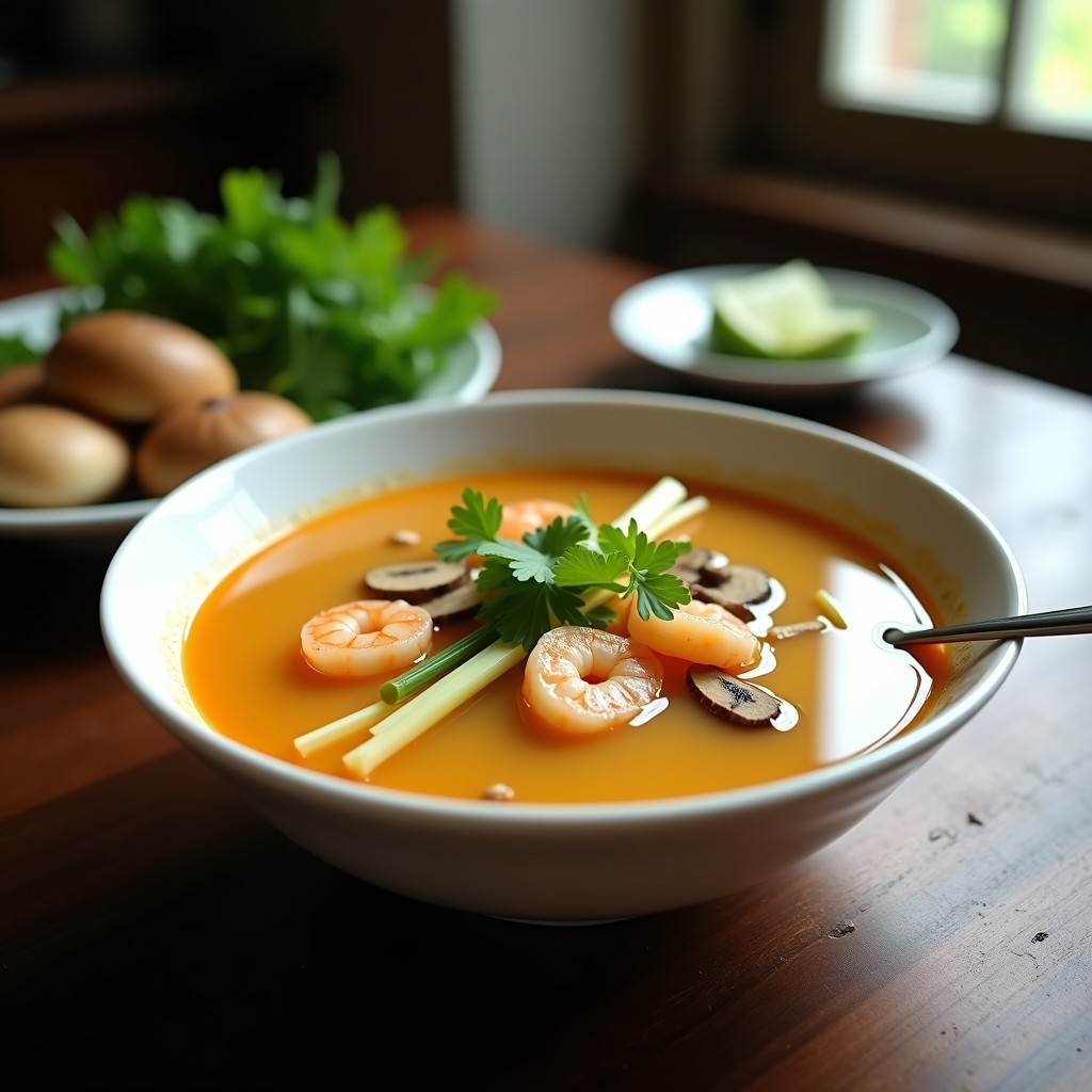 Cuenco blanco con sopa tailandesa humeante, gambas rosadas, rodajas de lemongrass, champiñones shiitake y hojas de cilantro fresco, servida sobre mesa de madera oscura.