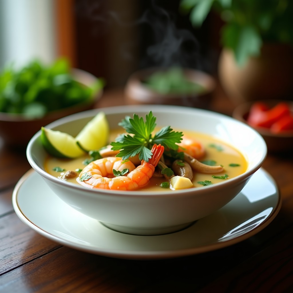 Cuenco de cerámica blanca con sopa Thai humeante de lemongrass y gamberas, decorada con cilantro fresco y rodajas de lima, sobre fondo de madera rústica.