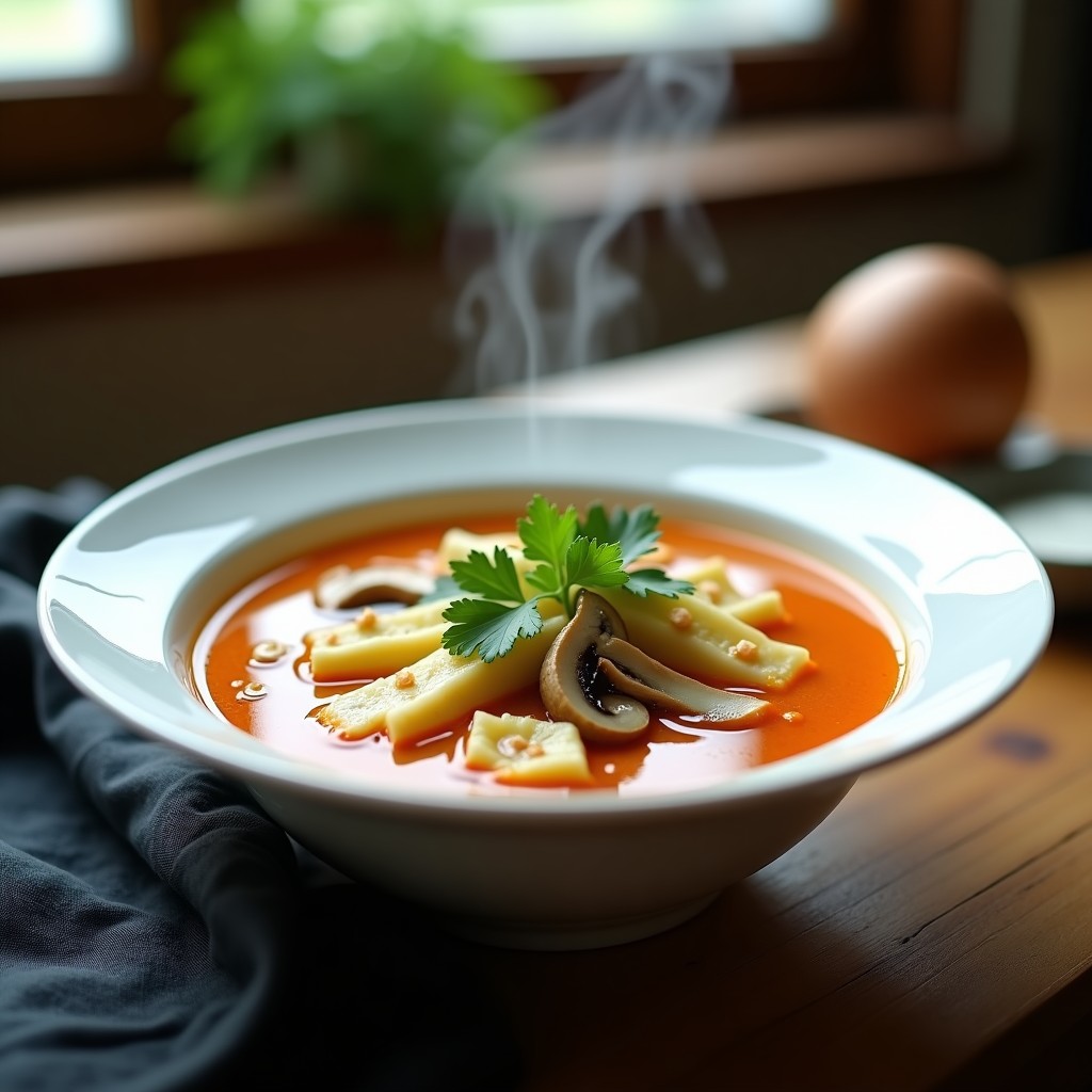 Bol de cerámica blanca con sopa thai humeante de lemongrass y jengibre, trozos de tofu sedoso, champiñones shiitake y cilantro fresco, servida en fondo rústico de madera.