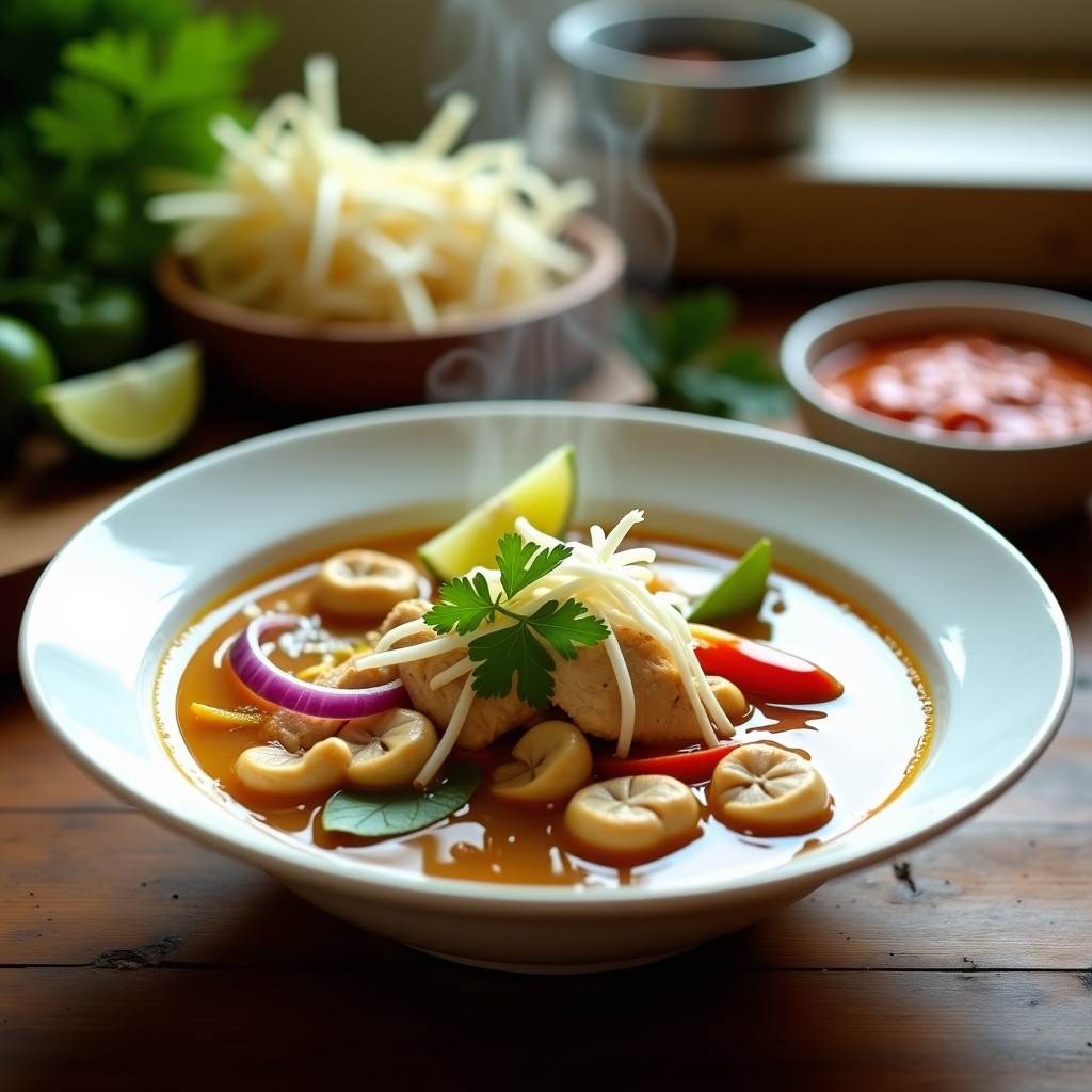 Cuenco de sopa thai de lemongrass y pollo en airfryer, con caldo dorado aromático, trozos de pollo, champiñones shiitake, cebolla morada y pimiento rojo, decorado con cilantro fresco y brotes de soja.