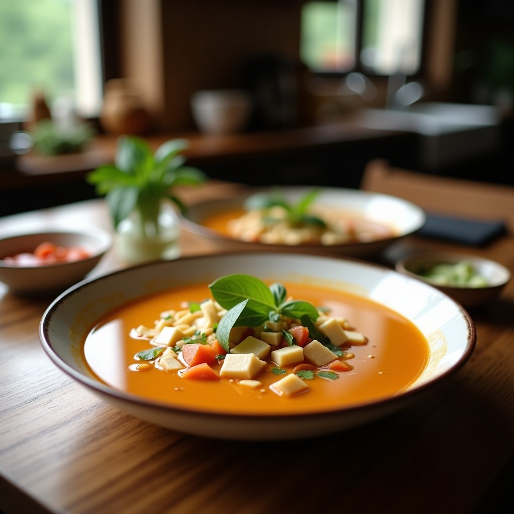 Cuenco de porcelana blanca con sopa Thai de lemongrass y tofu, rodajas de champiñones, cilantro fresco y un toque de leche de coco, servida sobre una mesa de madera rústica.