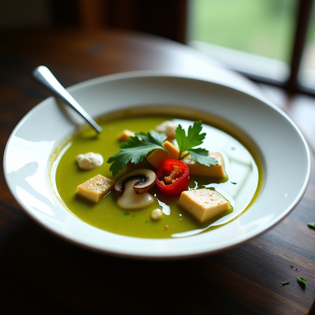Cuenco blanco con sopa thai de lemongrass y tofu al curry verde, decorada con cilantro fresco y rodajas de chile rojo, sobre una mesa de madera oscura.