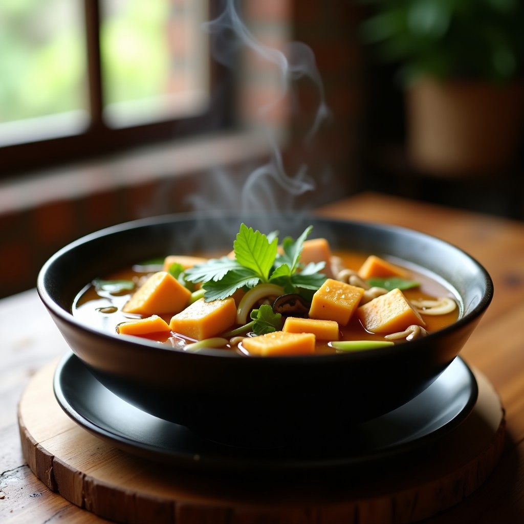 Bol de sopa tailandesa humeante con trozos de tofu dorado, rodajas de lemongrass, champiñones shiitake y cilantro fresco, servida en un plato de cerámica oscura con fondo de madera rústica.