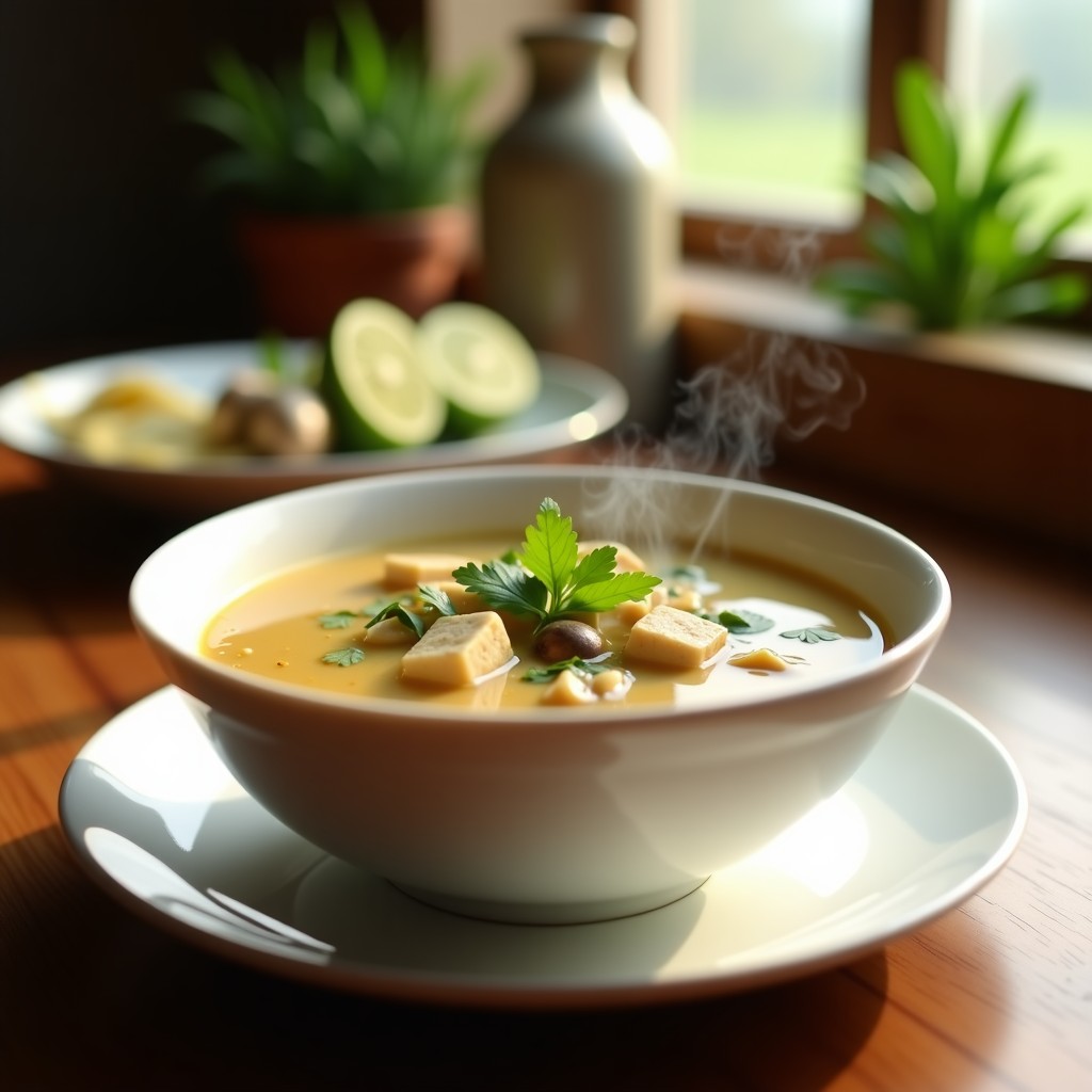 Bowl blanco con sopa thai de lemongrass y tofu, espesa y aromática, con cubos de tofu dorado, champiñones shiitake, hojas de cilantro fresco y rodajas de lima. Fondo borroso con tallos de lemongrass y jengibre.