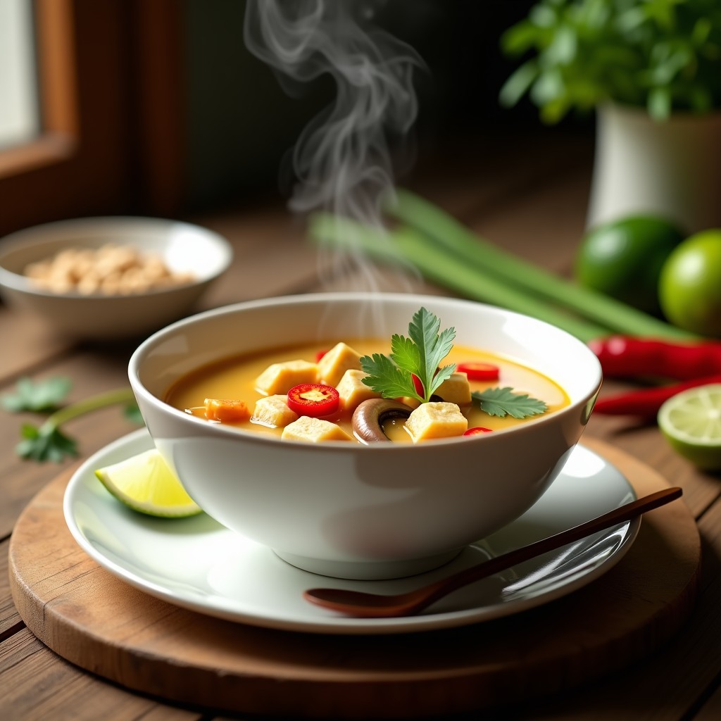 Cuenco blanco hondo con sopa tailandesa de lemongrass y tofu, espesa y aromática, con trozos de tofu dorado, champiñones shiitake, cilantro fresco y rodajas de lima. Fondo de madera rústica con tallos de lemongrass y chile rojo.