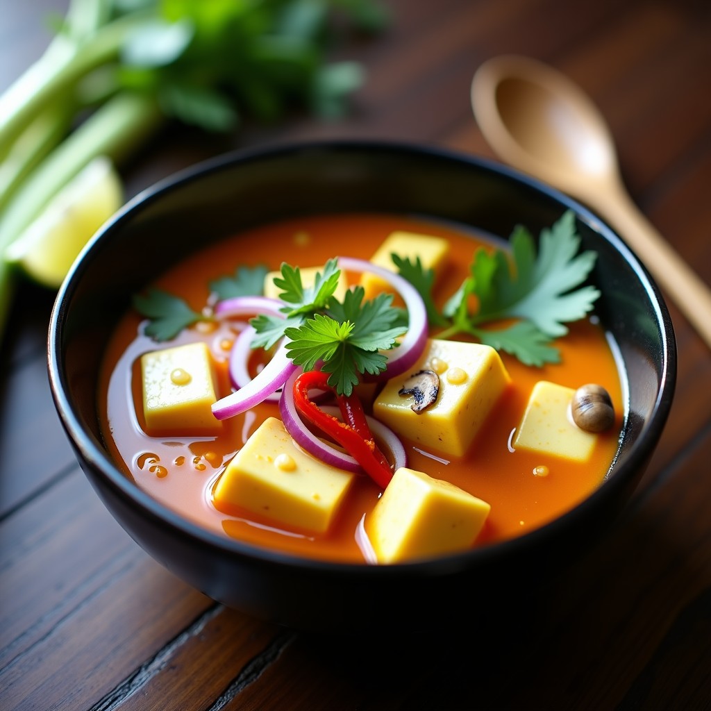 Tazón negro de cerámica con sopa thai de lemongrass y tofu umami, decorada con cilantro fresco, rodajas de chile rojo y cebolla morada, sobre fondo de madera oscura.