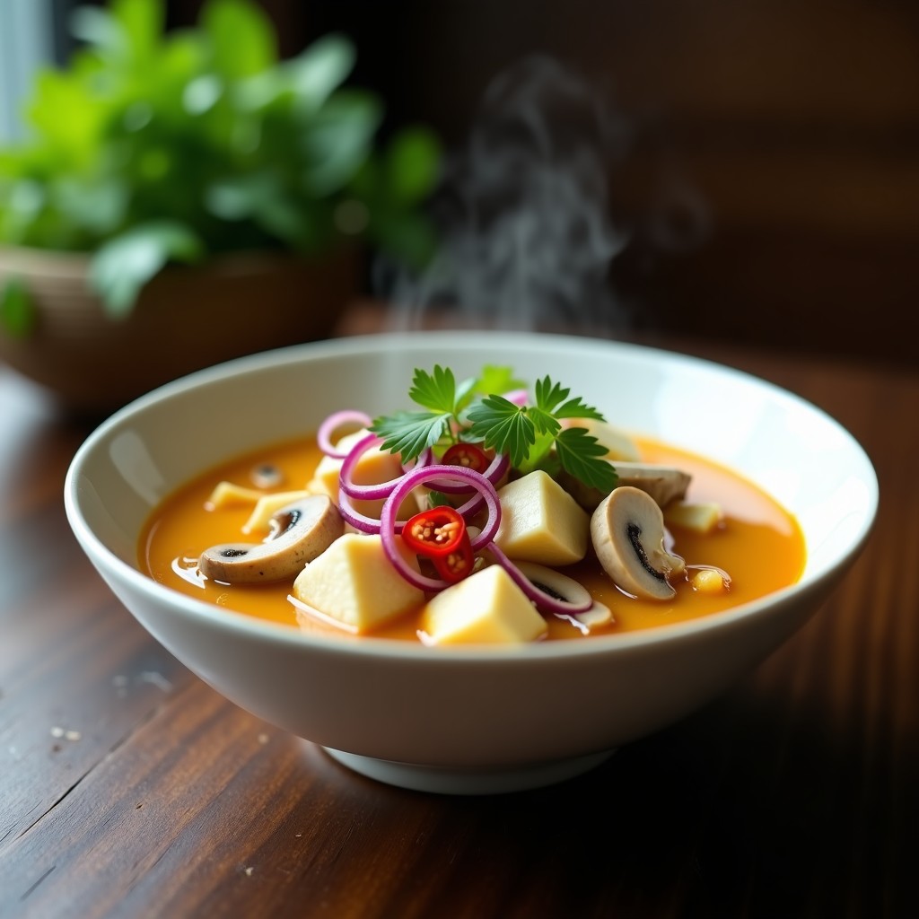 Cuenco blanco humeante con sopa tailandesa de lemongrass y tofu vegana, decorada con cilantro fresco y rodajas de chile rojo, sobre fondo de madera oscura.