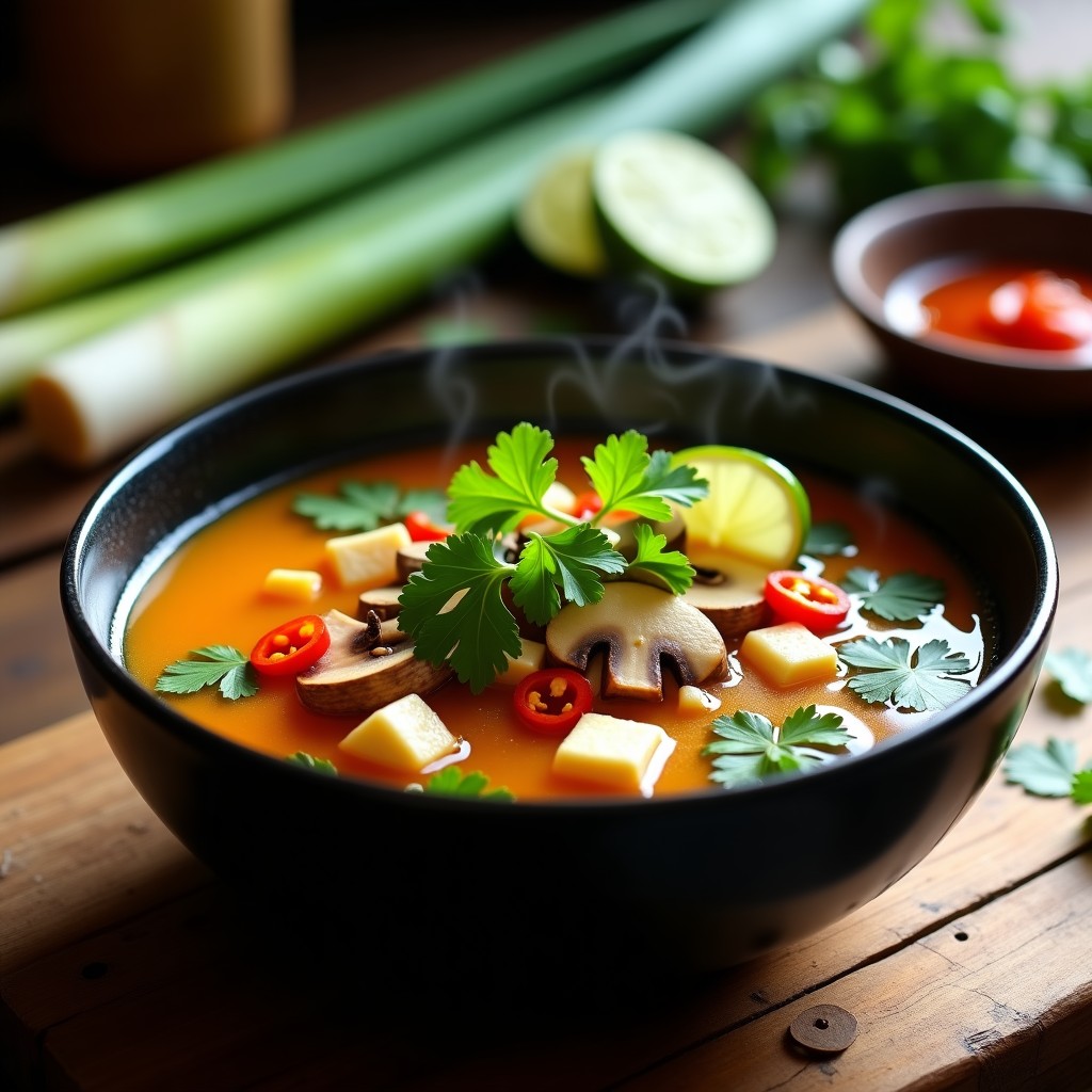 Cuenco hondo de cerámica negra con sopa tailandesa de lemongrass y tofu, rodeada de rodajas de limón, hojas de cilantro y champiñones shiitake. Fondos de especias y hierbas frescas.