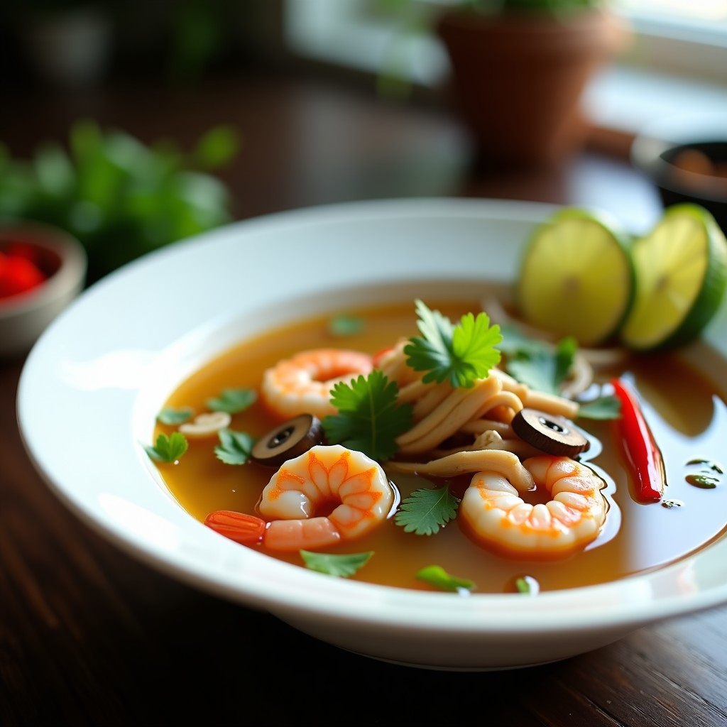 Cuenco blanco con sopa tailandesa de limón y cilantro, gambas rosadas, rodajas de pollo, hongos shiitake y cilantro fresco, receta en airfryer.