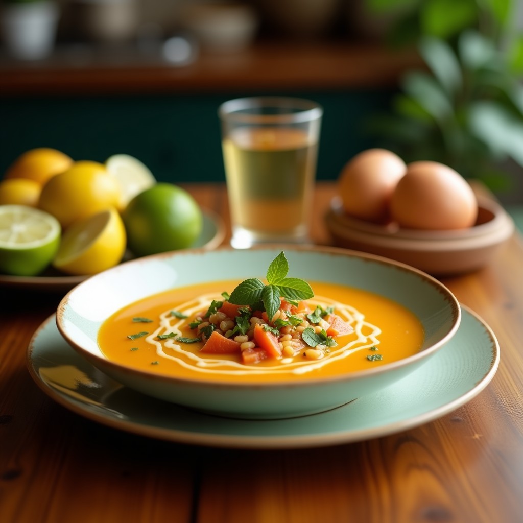 Cuenco de cerámica blanca con sopa tailandesa humeante, gambas rosadas, champiñones shiitake, hierba limón y cilantro fresco, servida sobre fondo de madera oscura.