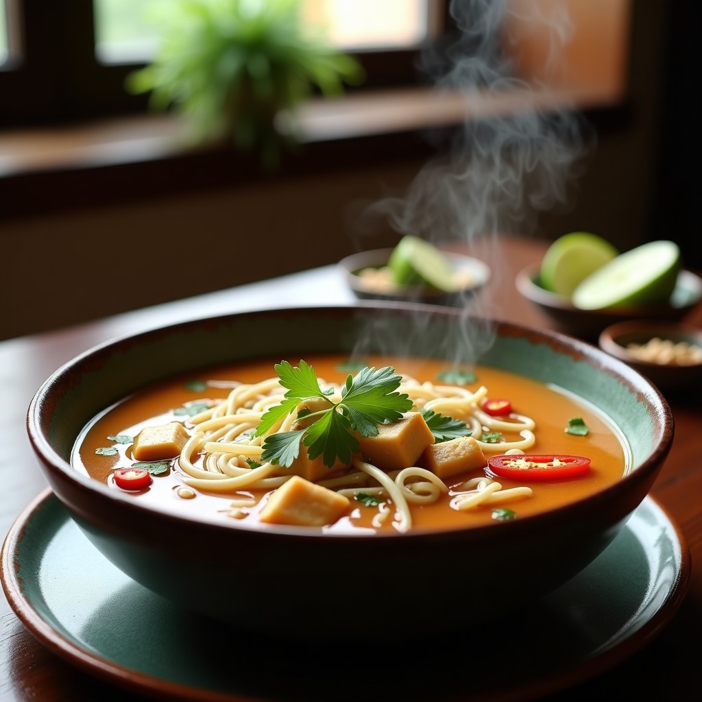 Cuenco profundo de sopa tailandesa con fideos de arroz, trozos de tofu dorado, brotes de soja y cilantro fresco, bañados en un caldo cremoso de cacahuete y leche de coco.