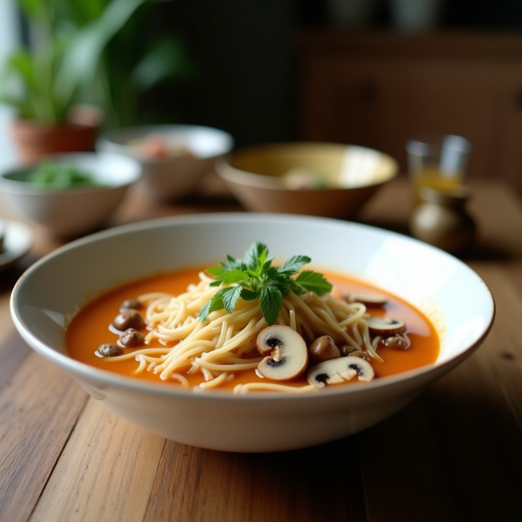 Bowl blanco con sopa thai humeante de fideos de arroz, champiñones shiitake, brotes de soja y cilantro fresco, decorada con rodajas de chile rojo y una cuña de lima al lado.