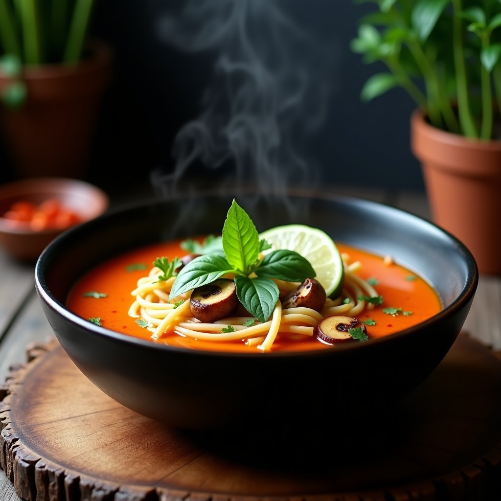 Cuenco hondo de cerámica negra con sopa thai de pasta de arroz y curry rojo, decorada con albahaca thai, cilantro y rodajas de limón, sobre fondo de madera rústica.