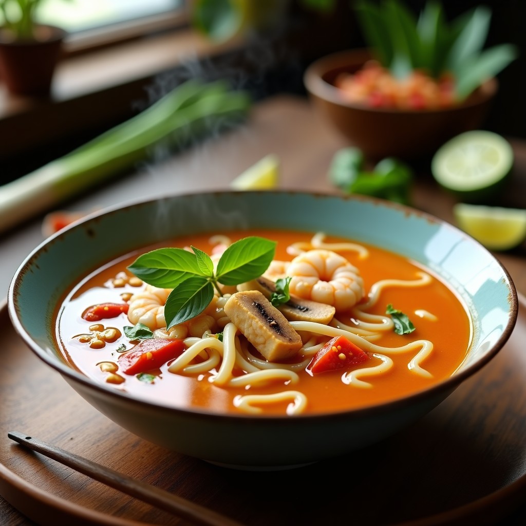 Cuenco hondo de cerámica blanca con sopa Thai de pasta de arroz y lemongrass, decorada con rodajas de limón, cilantro fresco, cacahuetes picados y chile rojo. Vapor ascendente y fondo rústico de madera.