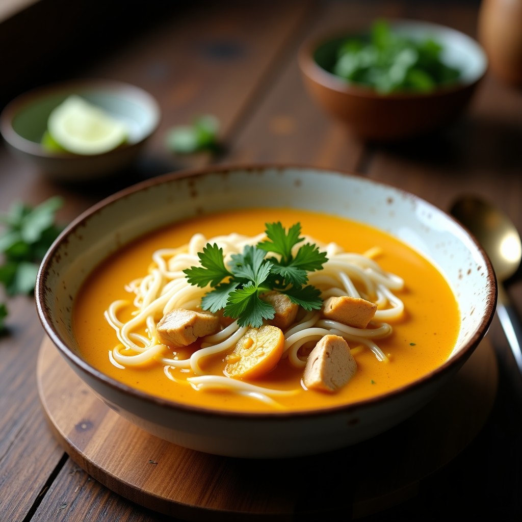 Cuenco hondo de cerámica blanca con sopa tailandesa de pasta de arroz ancha, trozos de pollo, leche de coco y cúrcuma, decorada con cilantro fresco y rodajas de limón, sobre mesa de madera rústica.