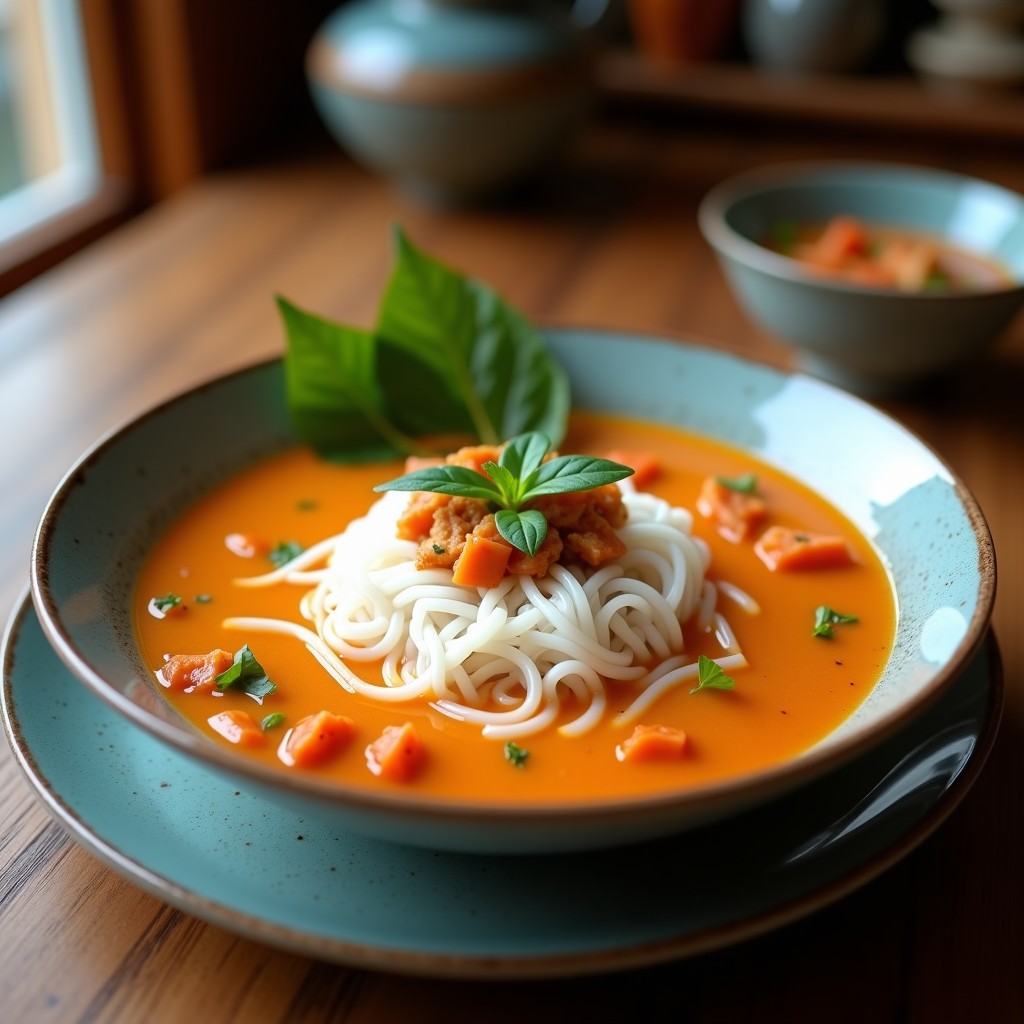Bowl blanco con sopa tailandesa humeante de tamarindo y leche de coco, pasta de arroz, tofu dorado y cilantro fresco, servida con una cuchara de madera.