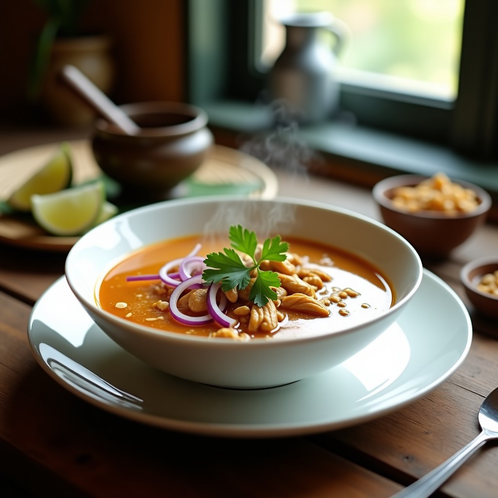Cuenco de cerámica blanca con sopa tailandesa de pollo y cacahuete, cremosa y dorada, decorada con cilantro fresco, rodajas de lima y cacahuetes picados, servida sobre mesa de madera rústica.