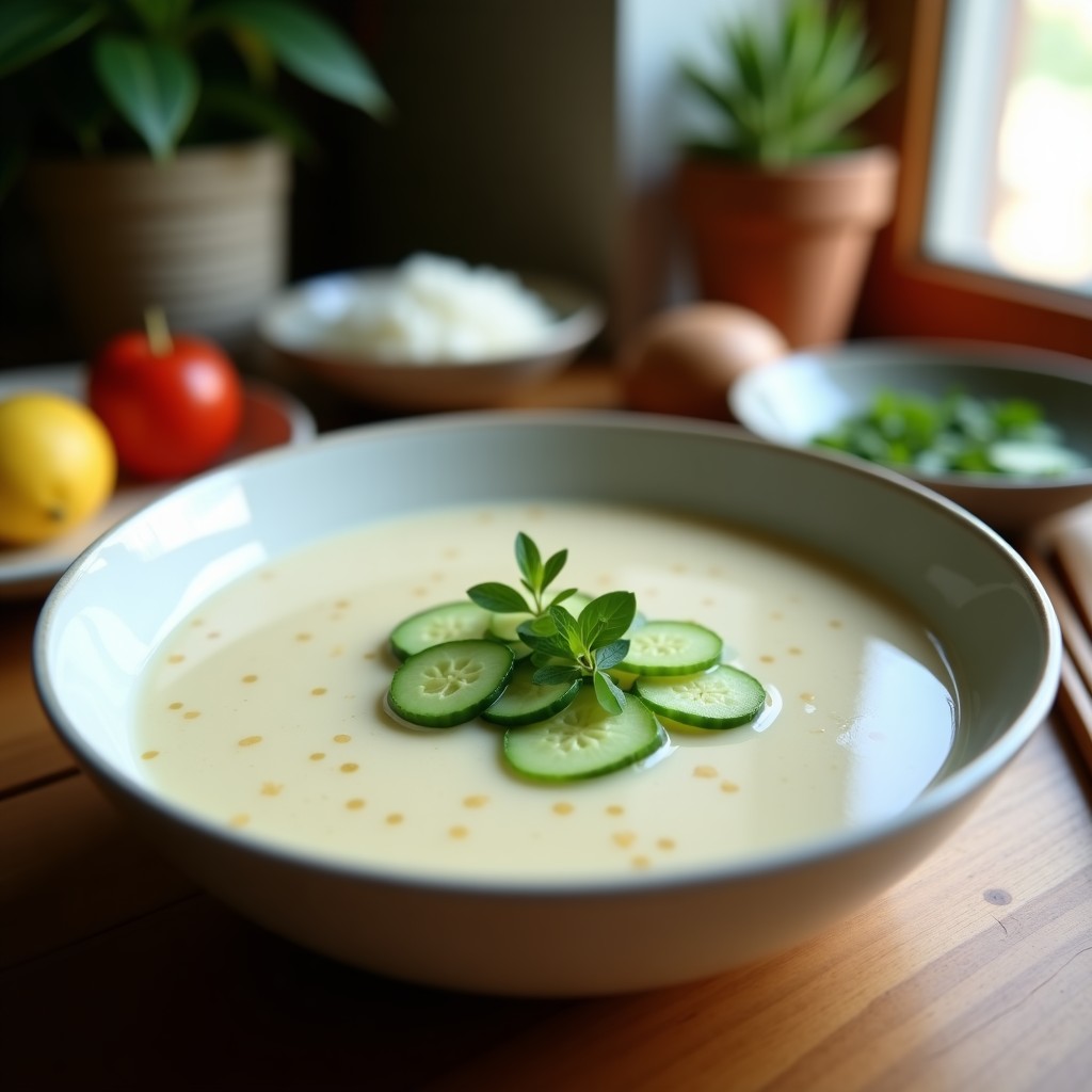 Cuenco blanco con sopa tailandesa cremosa de pepino y leche de coco, decorada con rodajas de pepino fresco, cilantro y un toque de chile rojo, servida en plato rústico de madera.