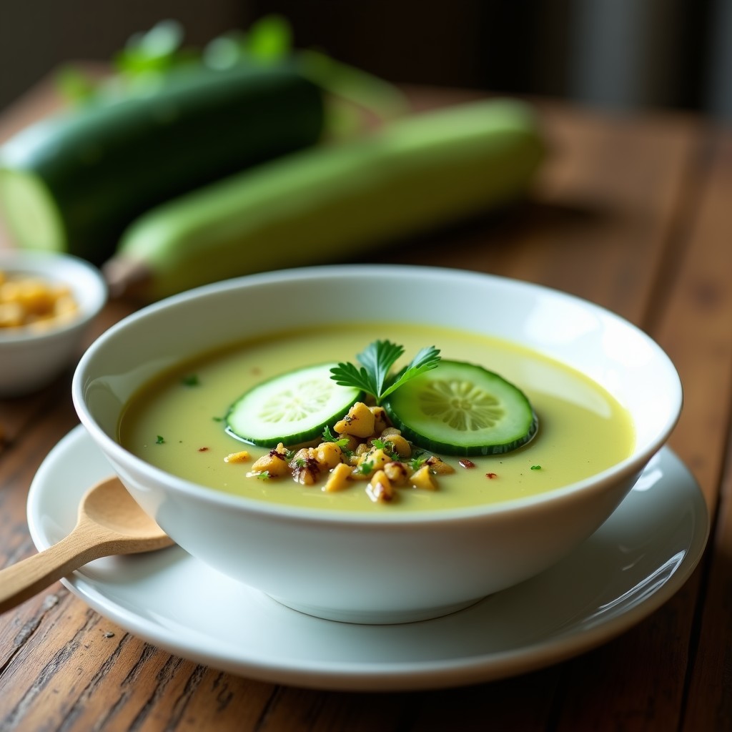 Cuenco de cerámica blanca con sopa tailandesa de pepino y lemongrass, rodajas de pepino fresco, lemongrass en tallos y cilantro. Fondo de madera rústica y cuchara de madera.