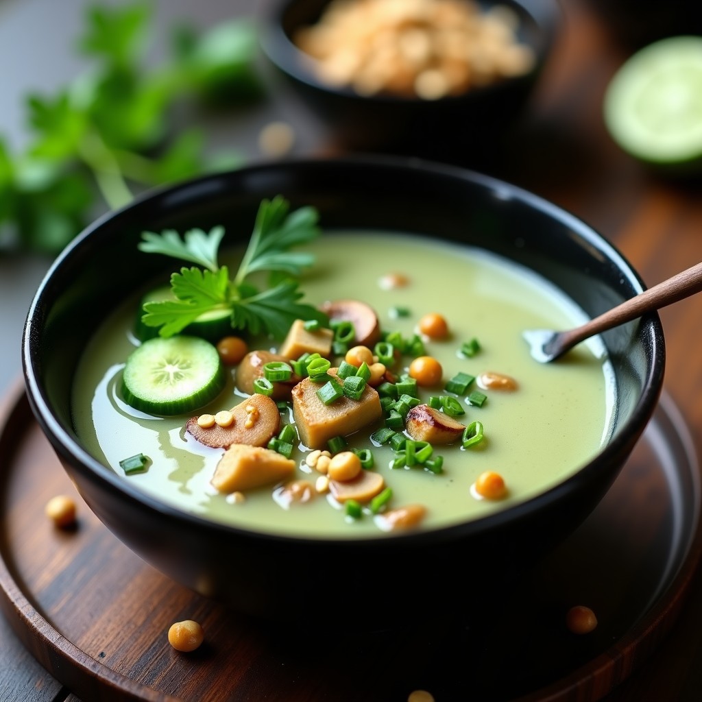 Cuenco hondo de cerámica negra con sopa tailandesa de pepino y lima, decorada con rodajas de pepino, cilantro fresco, cebollino y cacahuetes tostados, servida sobre una mesa de madera rústica.