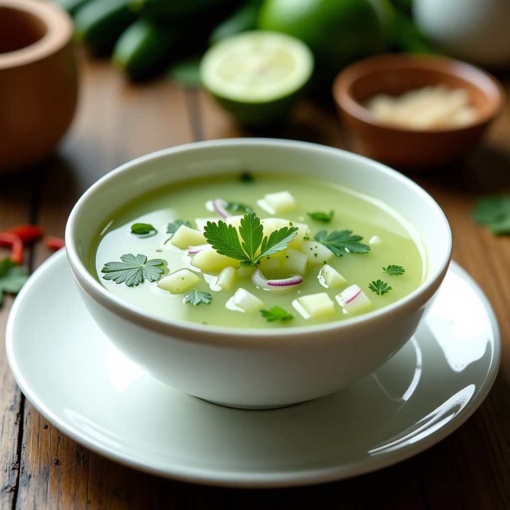 Cuenco de porcelana blanca con sopa tailandesa fría de pepino y lima kaffir, decorada con rodajas de pepino, cilantro fresco y hielo picado sobre una mesa de madera rústica.