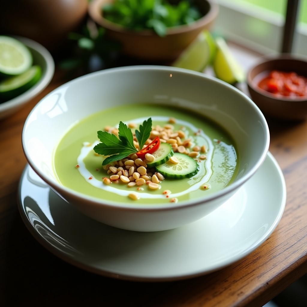 Cuenco blanco con sopa Thai de pepino y limón, decorada con rodajas de pepino, cilantro fresco, cacahuetes tostados y chiles rojos. Fondo con hierbas tailandesas y limones.