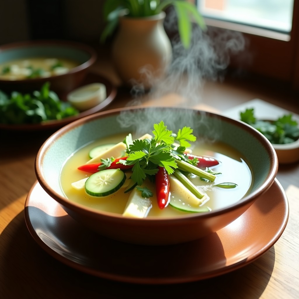 Cuenco de sopa tailandesa humeante con rodajas de pepino, tofu dorado y hierbas frescas, servida en cuenco de cerámica con limoncillo y hierba limón como decoración.