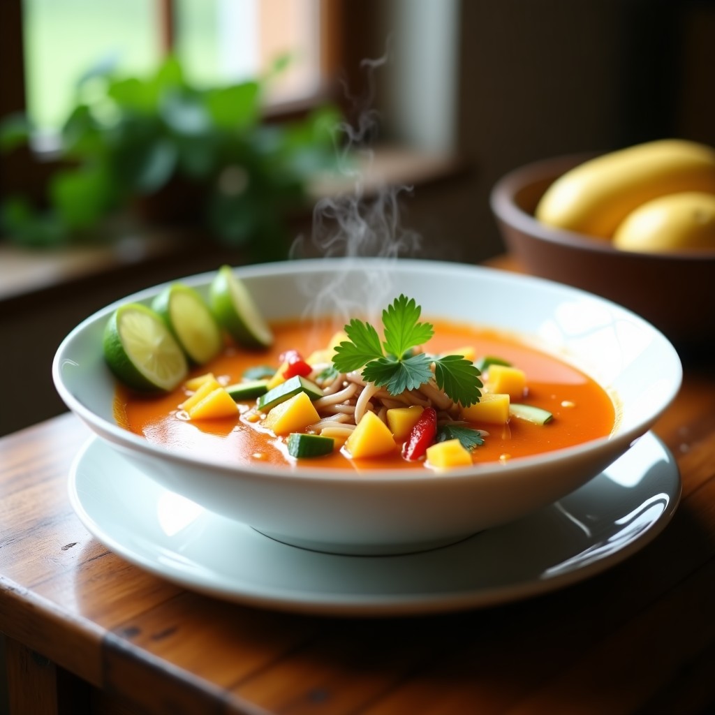 Cuenco blanco con sopa tailandesa cremosa de color rojizo, trozos de pepino verde, cubos de mango amarillo y hojas de cilantro fresco, acompañada de rodajas de lima.
