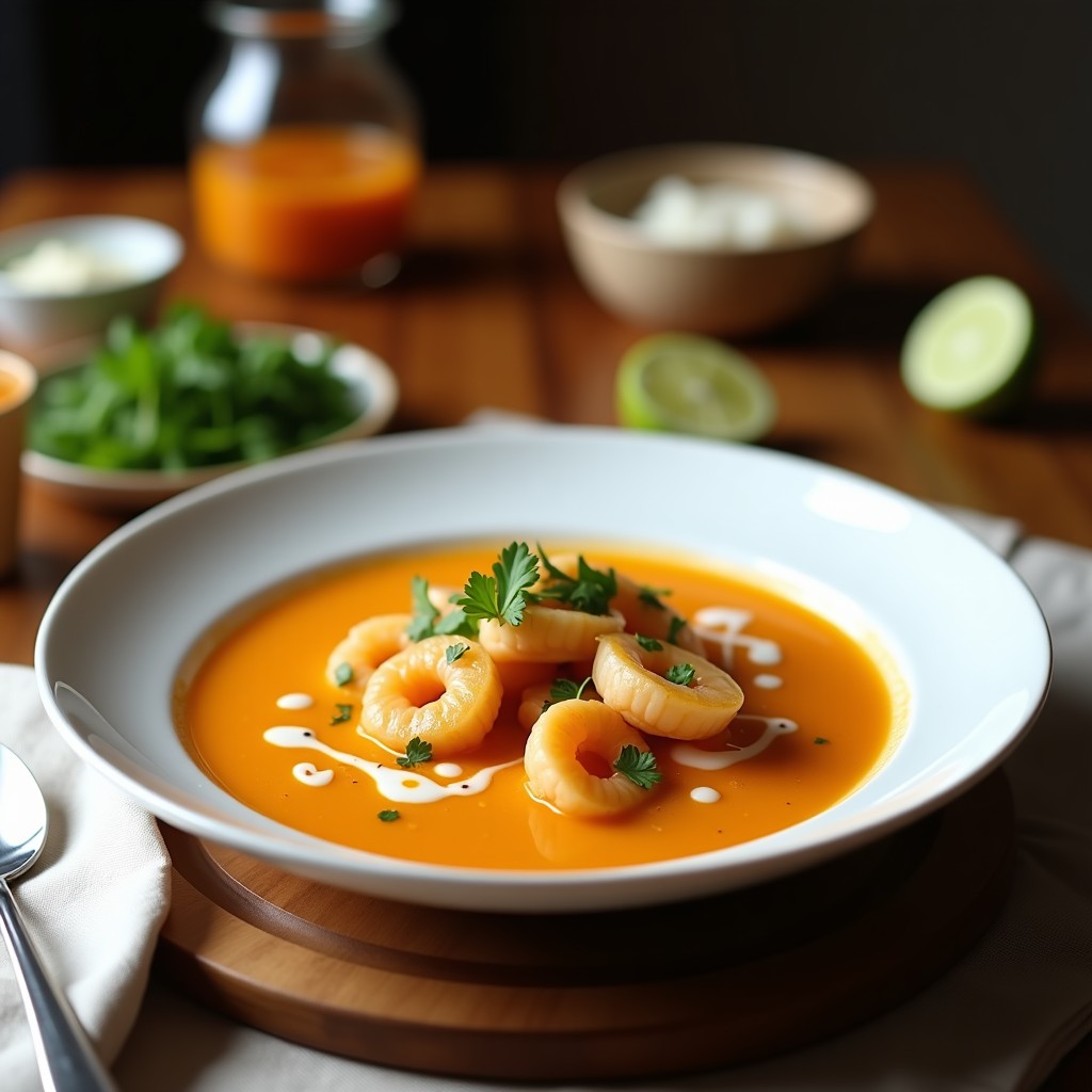 Tazón de cerámica blanco con sopa tailandesa de camarones picante, caldo dorado con chiles rojos, hierbas frescas y rodajas de limón, servida sobre una mesa de madera rústica.