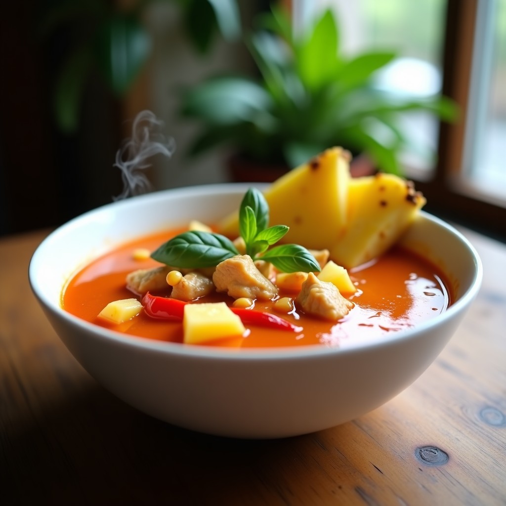 Tazón de cerámica blanca con sopa tailandesa de piña colada y curry rojo, decorada con hojas de albahaca y rodajas de piña, sobre fondo de madera rústica.