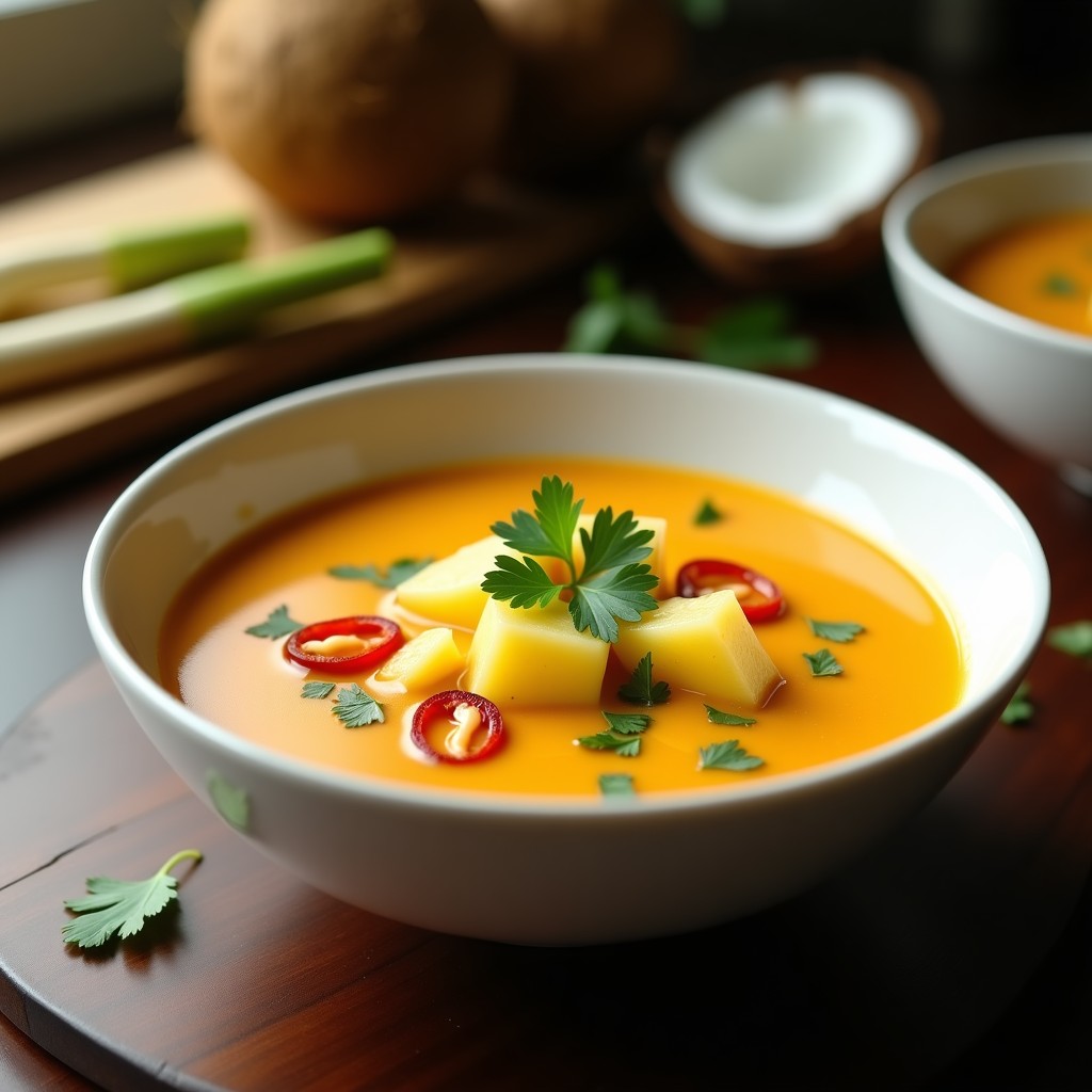 Cuenco hondo de cerámica blanca con sopa Thai de piña colada vegana, cremosa y dorada, decorada con trozos de piña fresca, cilantro y rodajas de chile rojo sobre fondo de madera oscura.